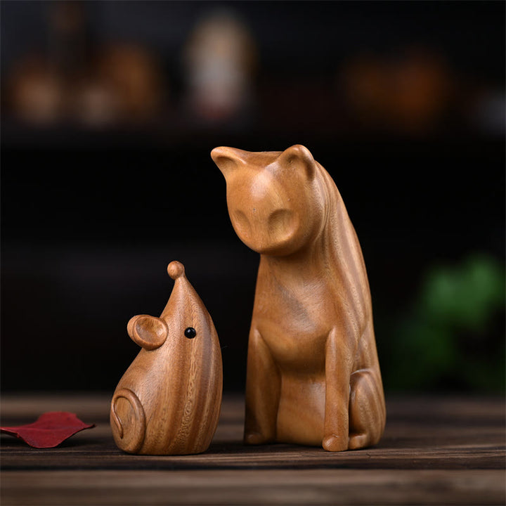 Buddha Stones Petit Chat Souris Bois de Santal Vert Palissandre Rouge Africain Paix Décoration de la Maison - Chat et souris en bois de santal vert 9*4*4cm - image 0