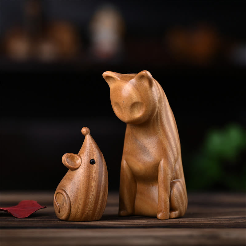 Buddha Stones Petit Chat Souris Bois de Santal Vert Palissandre Rouge Africain Paix Décoration de la Maison - Chat et souris en bois de santal vert 9 x 4 x 4 cm - image 1