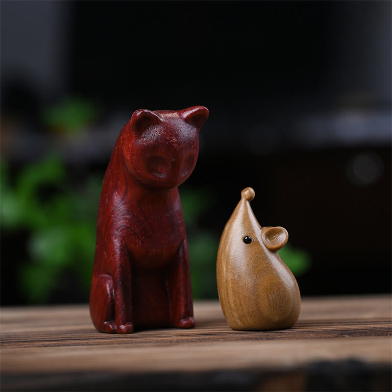Buddha Stones Petit Chat Souris Bois de Santal Vert Palissandre Rouge Africain Paix Décoration de la Maison - Chat en bois de rose rouge africain + souris en bois de santal vert 9 x 4 x 4 cm - image 23