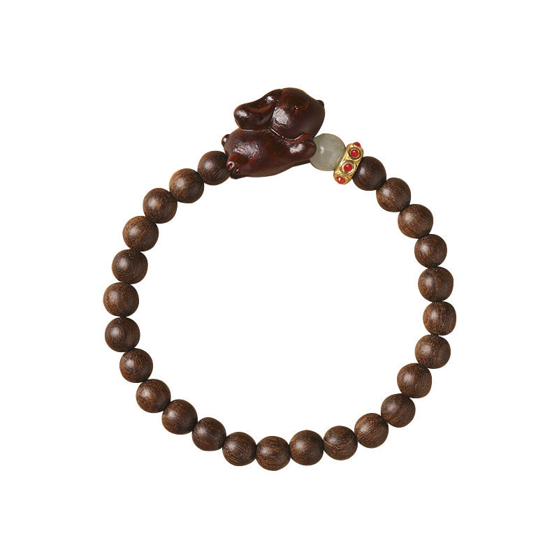 Bracelet positif en bois de santal vert et doré avec Buddha Stones et lapin mignon