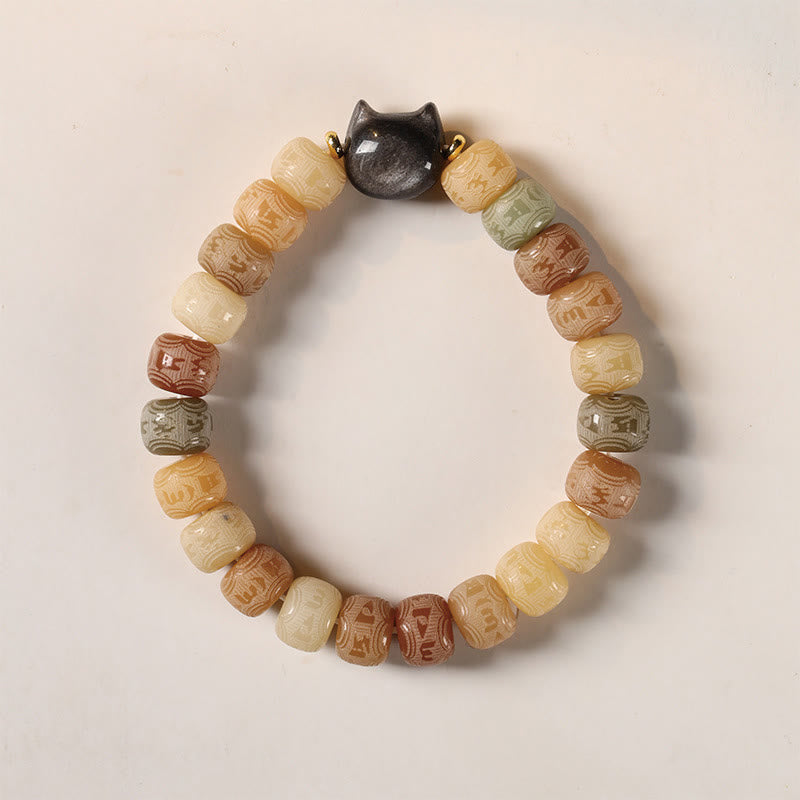 Bracelet de sagesse en obsidienne argentée sculptée avec tête de chat et Buddha Stones de Bodhi, Om Mani Padme Hum - image 2