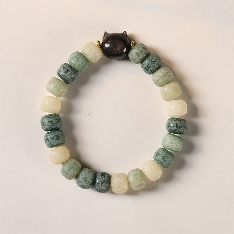 Bracelet de sagesse en obsidienne argentée sculptée avec tête de chat et Buddha Stones de Bodhi, Om Mani Padme Hum - Graine de Bodhi verte 8 x 10 mm (circonférence du poignet 14-16 cm) - image 10