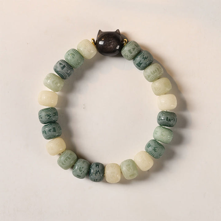 Bracelet de sagesse en obsidienne argentée sculptée avec tête de chat et Buddha Stones de Bodhi, Om Mani Padme Hum - Graine de Bodhi verte 8 x 10 mm (circonférence du poignet 14-16 cm) - image 10