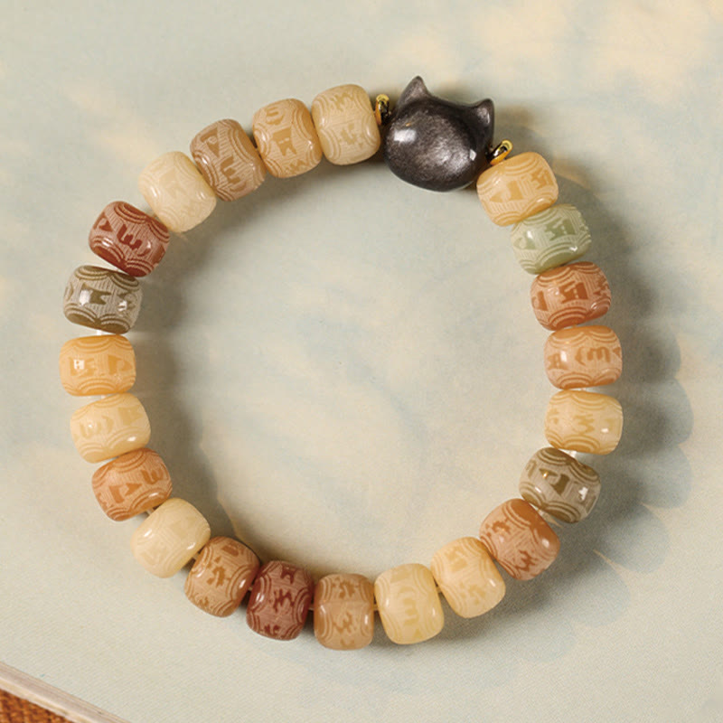Bracelet de sagesse en obsidienne argentée sculptée avec tête de chat et Buddha Stones de Bodhi, Om Mani Padme Hum - image 3