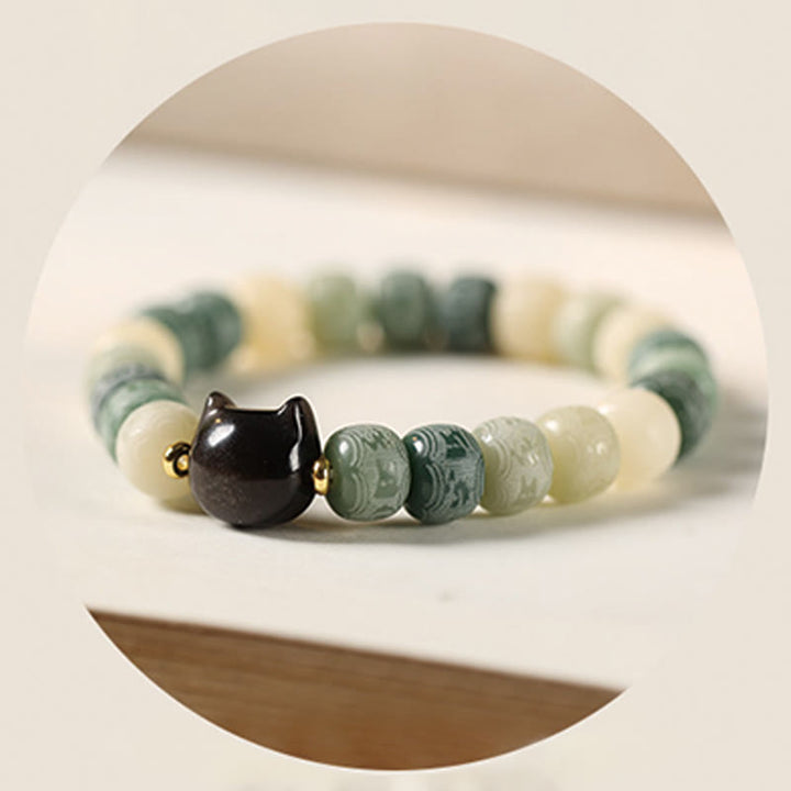 Bracelet de sagesse en obsidienne argentée sculptée avec tête de chat et Buddha Stones de Bodhi, Om Mani Padme Hum - image 16