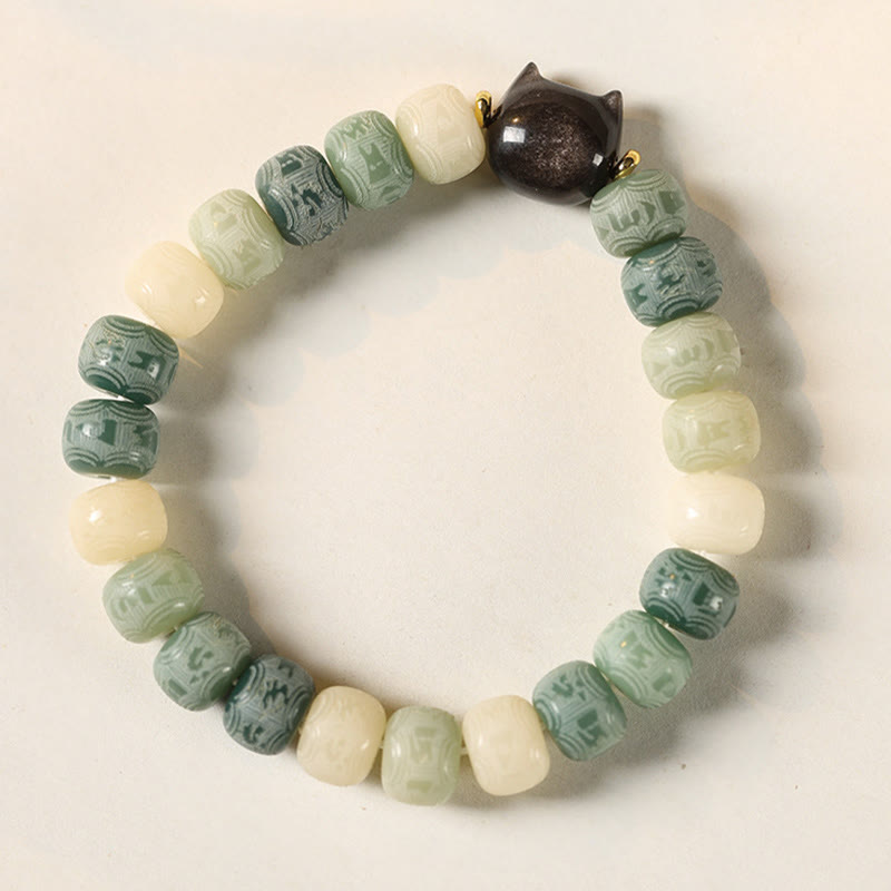 Bracelet de sagesse en obsidienne argentée sculptée avec tête de chat et Buddha Stones de Bodhi, Om Mani Padme Hum - image 13