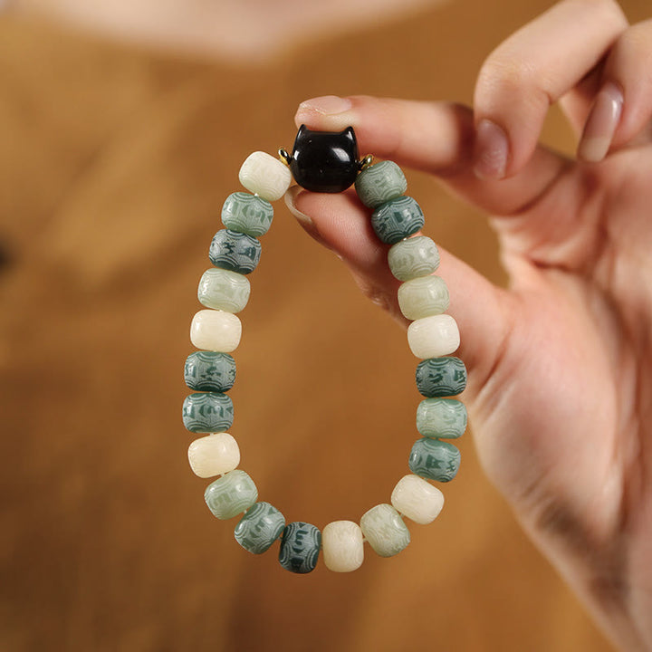 Bracelet de sagesse en obsidienne argentée sculptée avec tête de chat et Buddha Stones de Bodhi, Om Mani Padme Hum - image 12