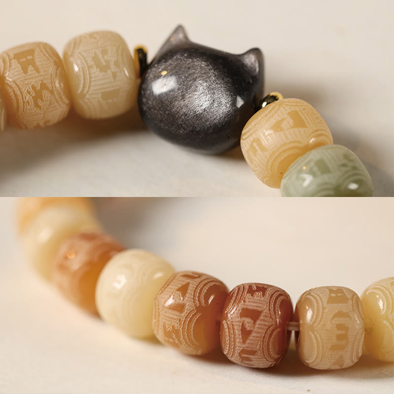Bracelet de sagesse en obsidienne argentée sculptée avec tête de chat et Buddha Stones de Bodhi, Om Mani Padme Hum - image 6