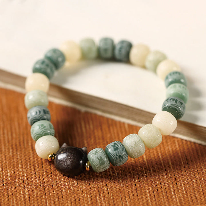 Bracelet de sagesse en obsidienne argentée sculptée avec tête de chat et Buddha Stones de Bodhi, Om Mani Padme Hum - image 11