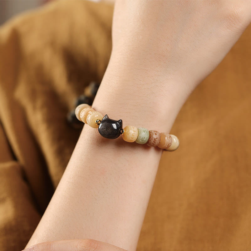 Bracelet de sagesse en obsidienne argentée sculptée avec tête de chat et Buddha Stones de Bodhi, Om Mani Padme Hum - image 5