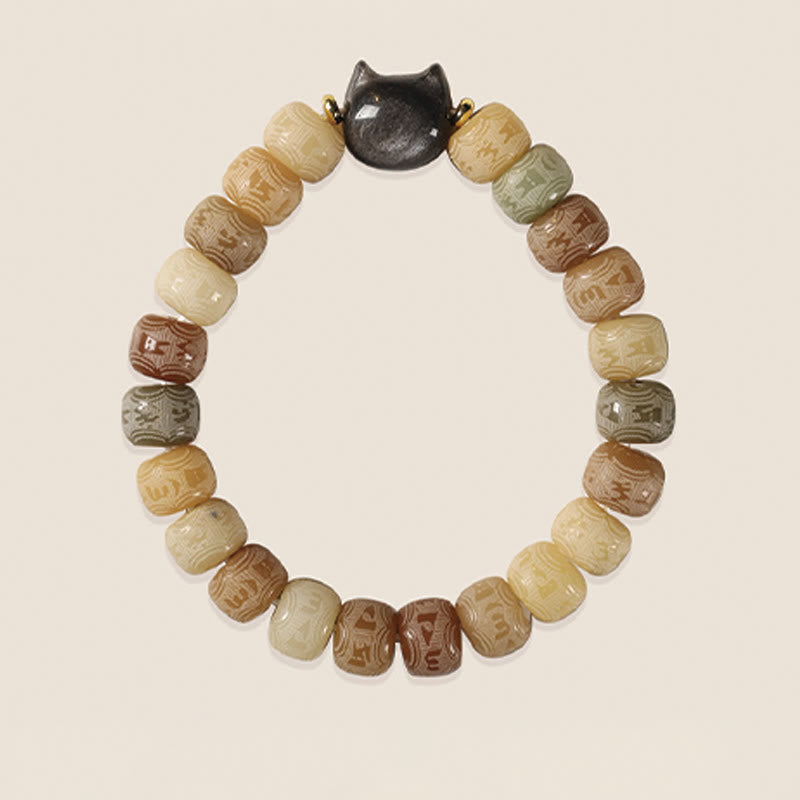Bracelet de sagesse en obsidienne argentée sculptée avec tête de chat et Buddha Stones de Bodhi, Om Mani Padme Hum - image 4