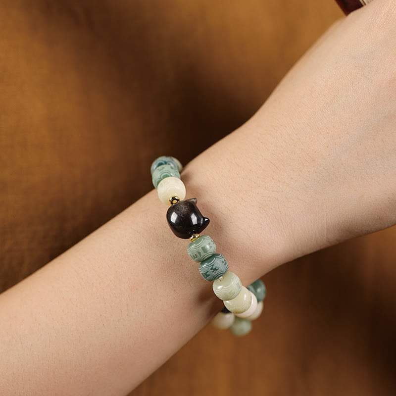 Bracelet de sagesse en obsidienne argentée sculptée avec tête de chat et Buddha Stones de Bodhi, Om Mani Padme Hum - image 14