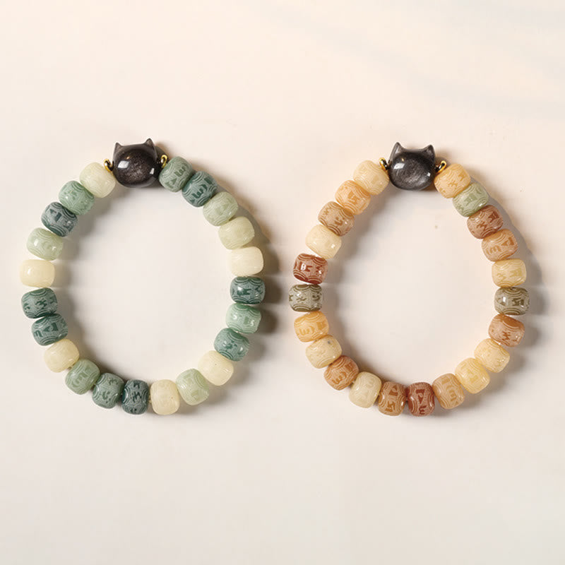Bracelet de sagesse en obsidienne argentée sculptée avec tête de chat et Buddha Stones de Bodhi, Om Mani Padme Hum - image 17