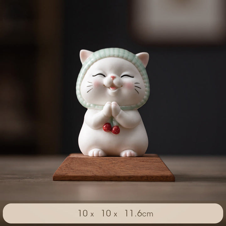 Figurine en céramique représentant un chat porte-bonheur en écharpe, Buddha Stones - Chat + socle en bois 10 x 10 x 11,6 cm - image 12