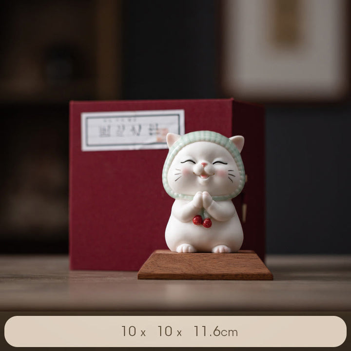 Figurine en céramique représentant un chat porte-bonheur en écharpe, Buddha Stones - Chat + Socle en bois (Boîte cadeau) - image 22