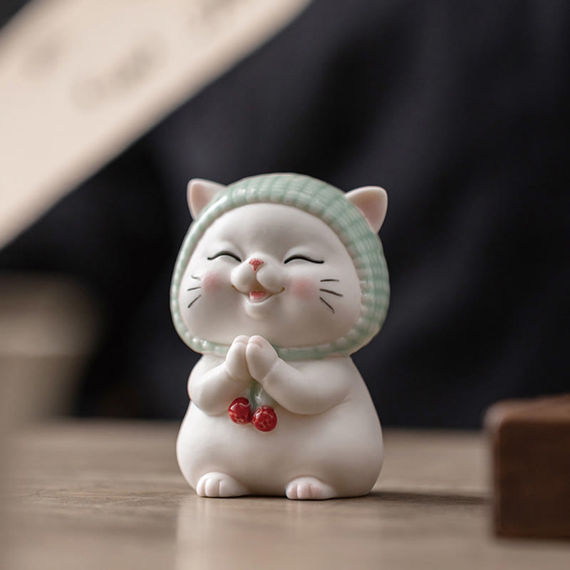 Figurine en céramique représentant un chat porte-bonheur en écharpe, Buddha Stones - image 3