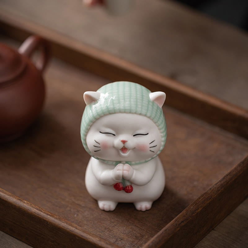 Figurine en céramique représentant un chat porte-bonheur en écharpe, Buddha Stones - image 1