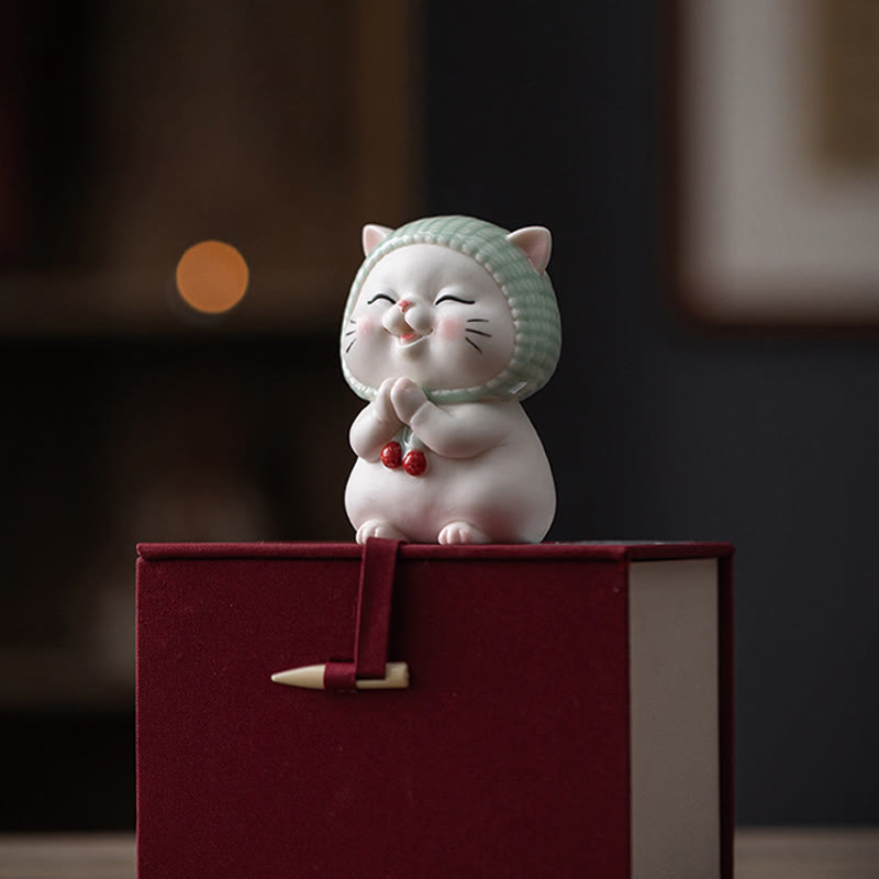 Figurine en céramique représentant un chat porte-bonheur en écharpe, Buddha Stones - image 21