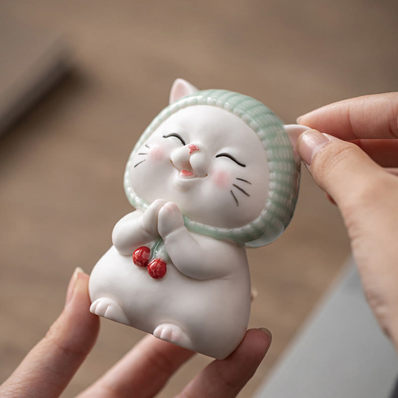 Figurine en céramique représentant un chat porte-bonheur en écharpe, Buddha Stones - image 5