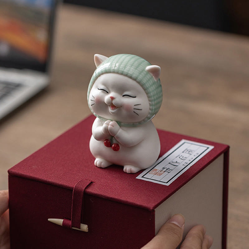 Figurine en céramique représentant un chat porte-bonheur en écharpe, Buddha Stones - image 21