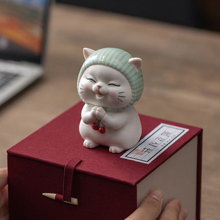 Figurine en céramique représentant un chat porte-bonheur en écharpe, Buddha Stones - image 21