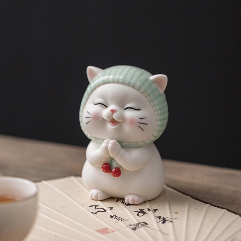 Figurine en céramique représentant un chat porte-bonheur en écharpe, Buddha Stones - image 7