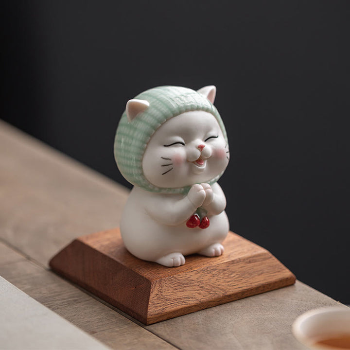 Figurine en céramique représentant un chat porte-bonheur en écharpe, Buddha Stones - image 17
