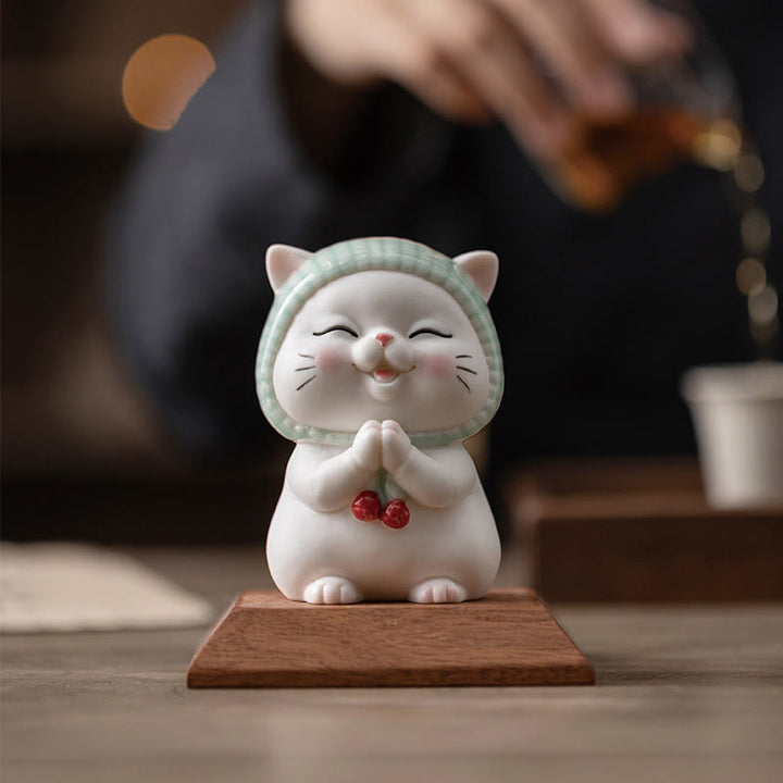 Figurine en céramique représentant un chat porte-bonheur en écharpe, Buddha Stones - image 16