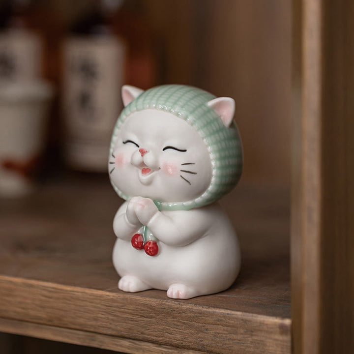 Figurine en céramique représentant un chat porte-bonheur en écharpe, Buddha Stones - image 3