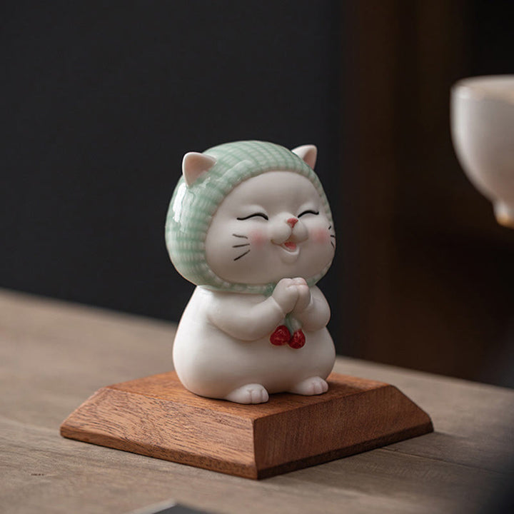 Figurine en céramique représentant un chat porte-bonheur en écharpe, Buddha Stones - image 14