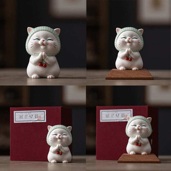 Figurine en céramique représentant un chat porte-bonheur en écharpe, Buddha Stones - image 23
