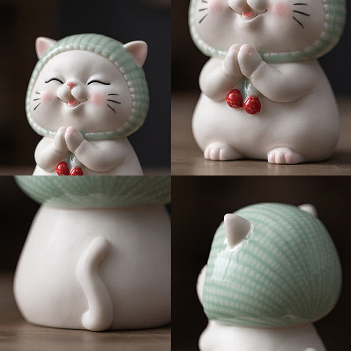 Figurine en céramique représentant un chat porte-bonheur en écharpe, Buddha Stones - image 5
