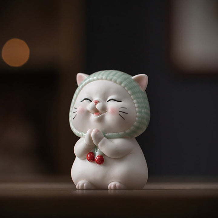 Figurine en céramique représentant un chat porte-bonheur en écharpe, Buddha Stones - image 10