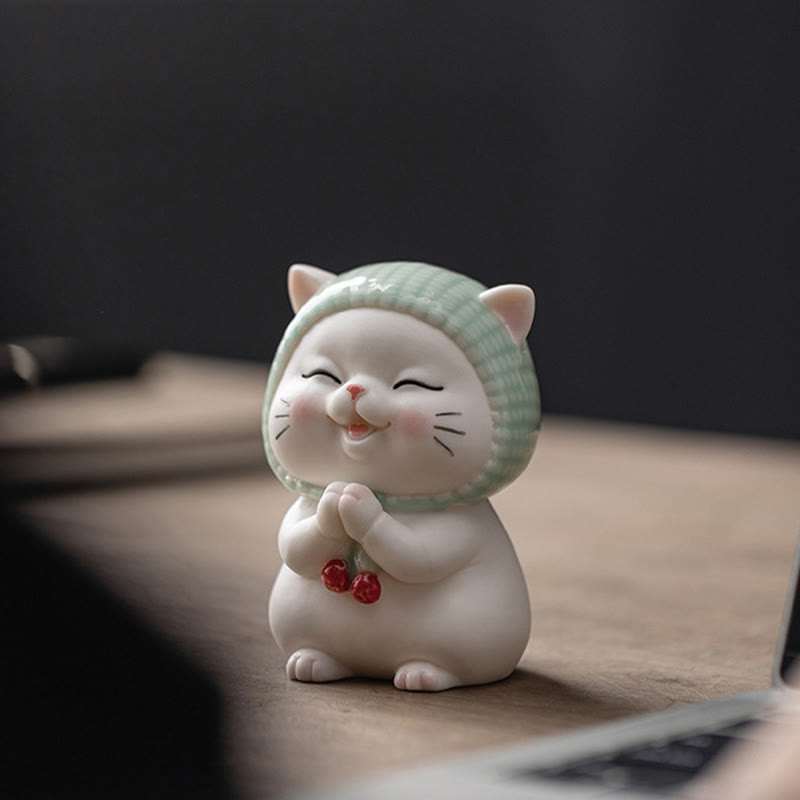 Figurine en céramique représentant un chat porte-bonheur en écharpe, Buddha Stones - image 8