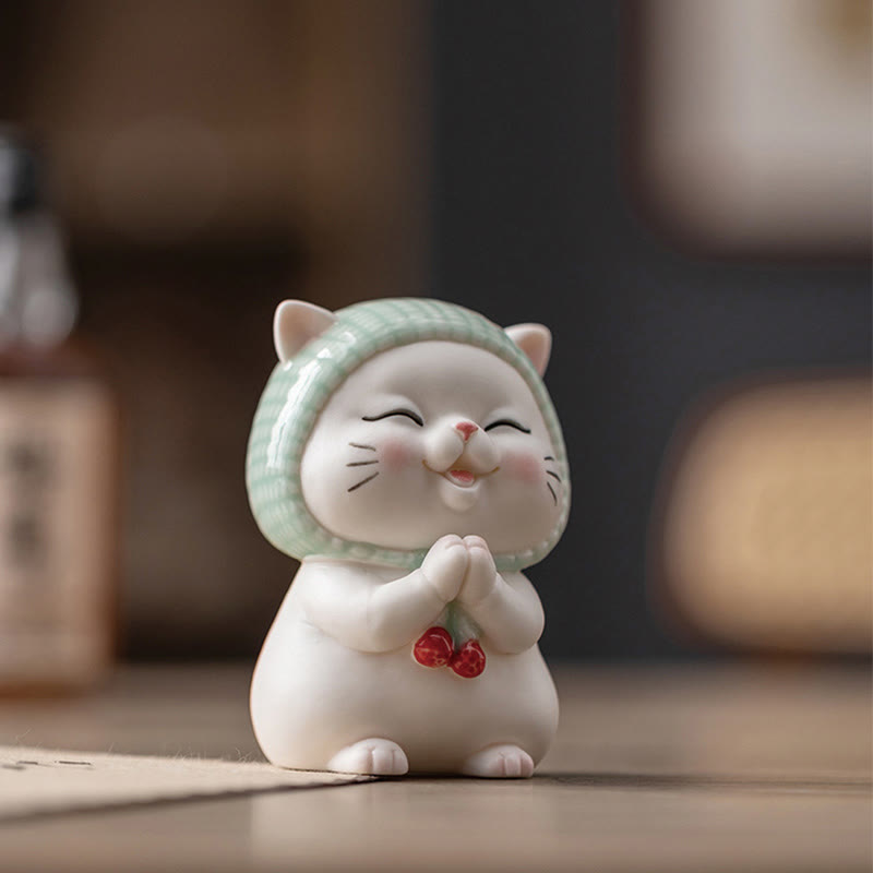 Figurine en céramique représentant un chat porte-bonheur en écharpe, Buddha Stones - image 7