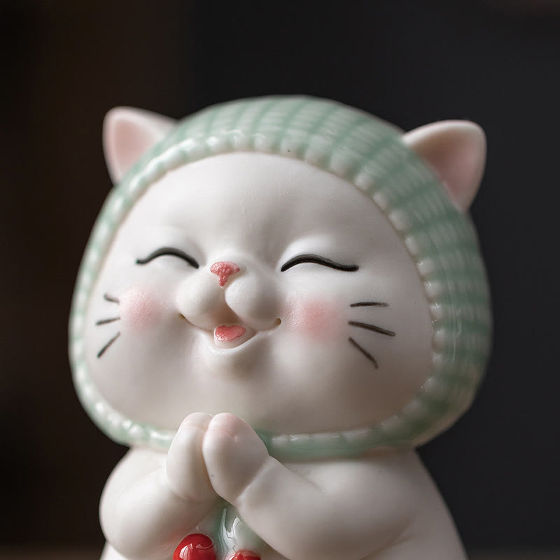 Figurine en céramique représentant un chat porte-bonheur en écharpe, Buddha Stones - image 12