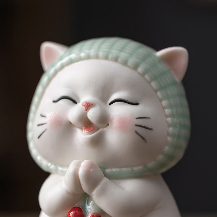 Figurine en céramique représentant un chat porte-bonheur en écharpe, Buddha Stones - image 12