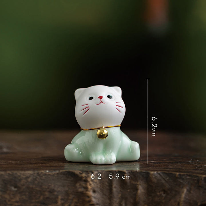 Figurine de Buddha Stones bonheur en céramique vert clair et blanc représentant un mini chat porte-bonheur - Chat 6,2* 5,9 *6,2 cm - image 4