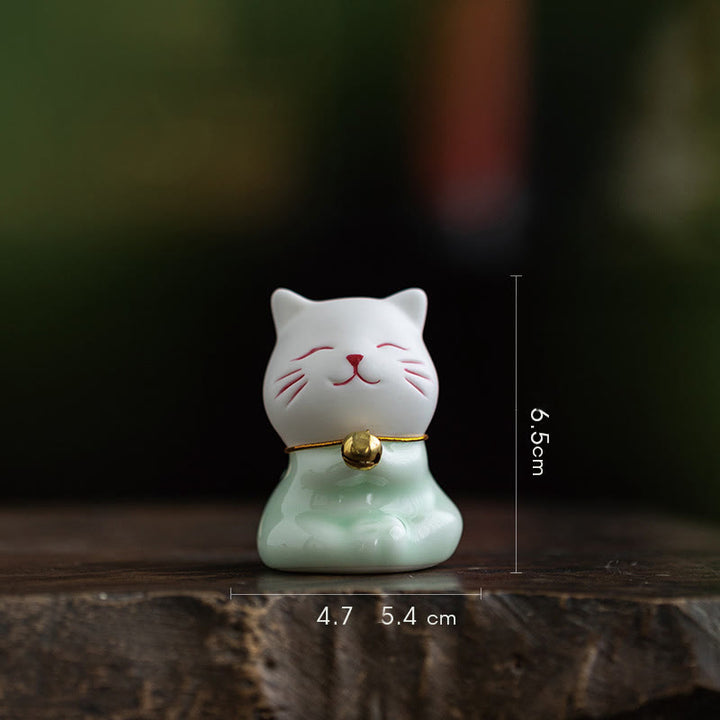 Figurine de Buddha Stones bonheur en céramique vert clair et blanc représentant un mini chat porte-bonheur - Chat 4,5*8,1*5,3 cm - image 16