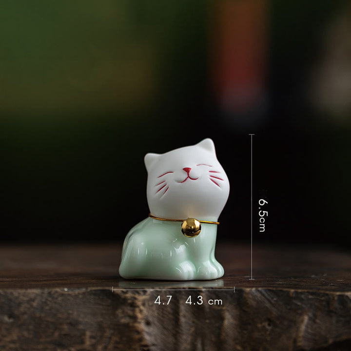 Figurine de Buddha Stones bonheur en céramique vert clair et blanc représentant un mini chat porte-bonheur - Chat 4,7*4,3*6,5 cm - image 2