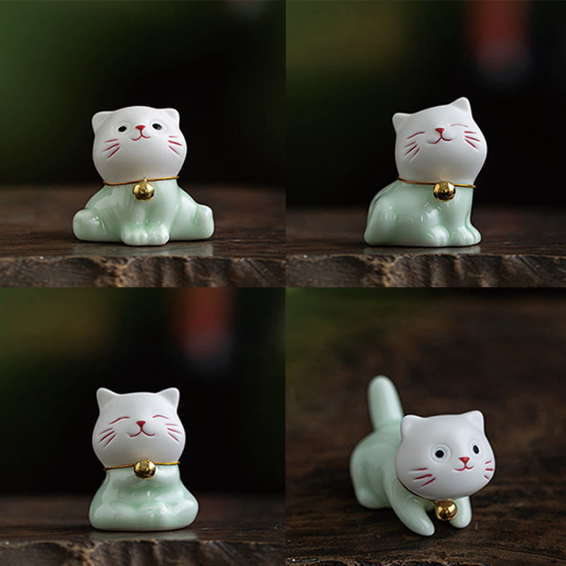Figurine de Buddha Stones bonheur en céramique vert clair et blanc représentant un mini chat porte-bonheur - image 21
