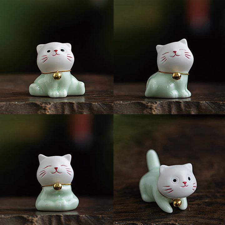 Figurine de Buddha Stones bonheur en céramique vert clair et blanc représentant un mini chat porte-bonheur - image 21
