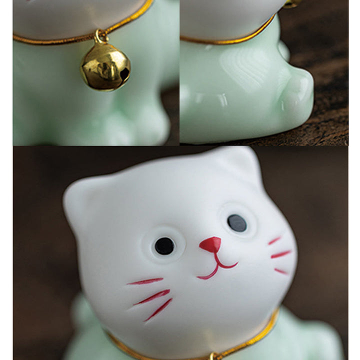 Figurine de Buddha Stones bonheur en céramique vert clair et blanc représentant un mini chat porte-bonheur - image 12