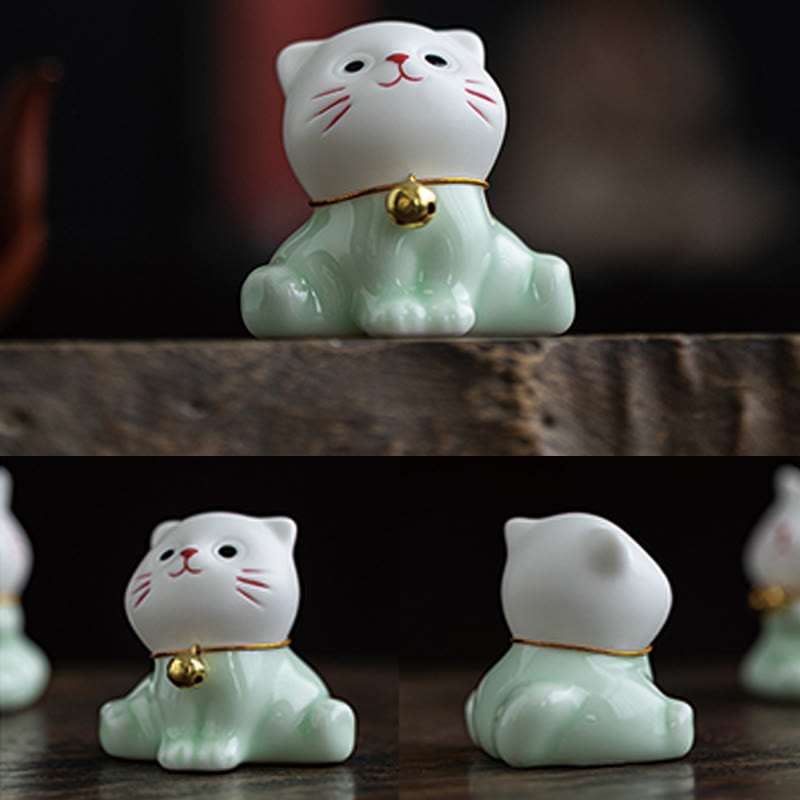 Figurine de Buddha Stones bonheur en céramique vert clair et blanc représentant un mini chat porte-bonheur - image 10