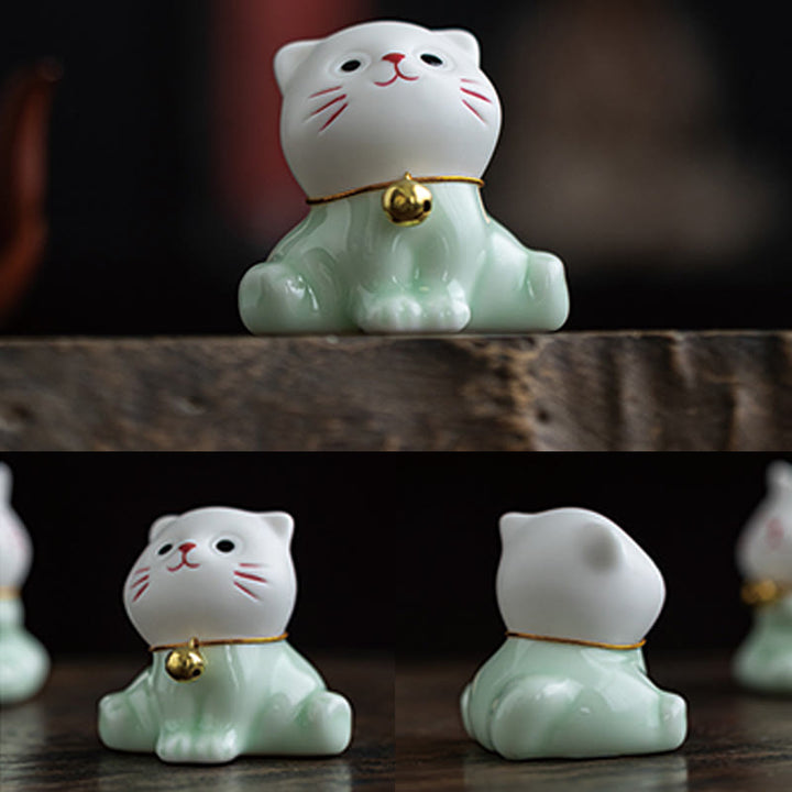 Figurine de Buddha Stones bonheur en céramique vert clair et blanc représentant un mini chat porte-bonheur - image 10