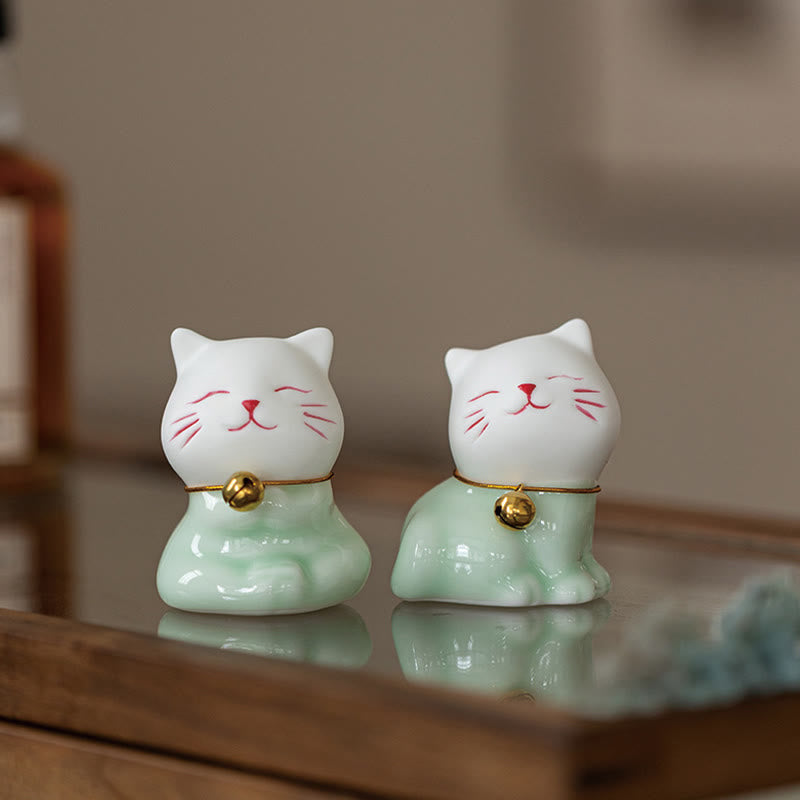 Figurine de Buddha Stones bonheur en céramique vert clair et blanc représentant un mini chat porte-bonheur - image 19