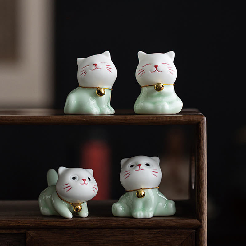 Figurine de Buddha Stones bonheur en céramique vert clair et blanc représentant un mini chat porte-bonheur - image 20