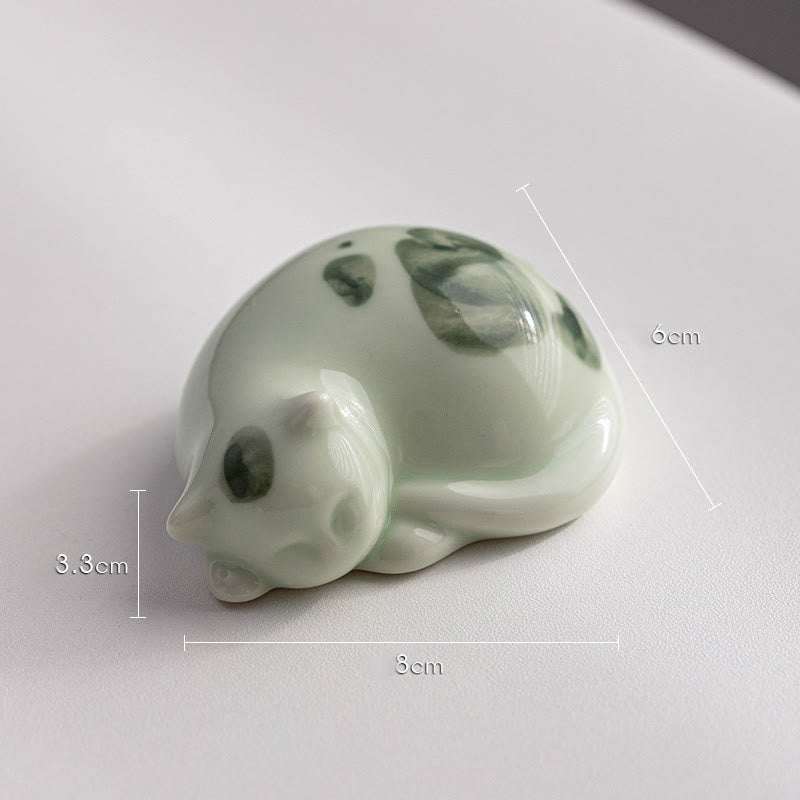 Figurine en céramique représentant un chat endormi, un mini chat tacheté, porte-bonheur , décoration - Chat vert endormi 8*6*3,3 cm - image 17