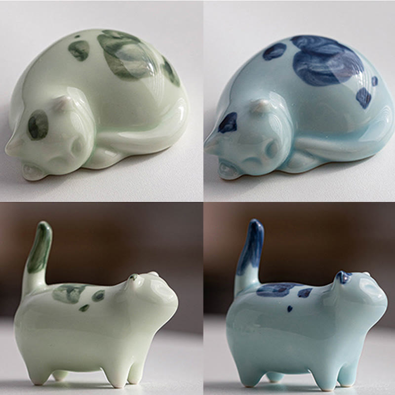 Figurine en céramique représentant un chat endormi, un mini chat tacheté, porte-bonheur , décoration - image 24