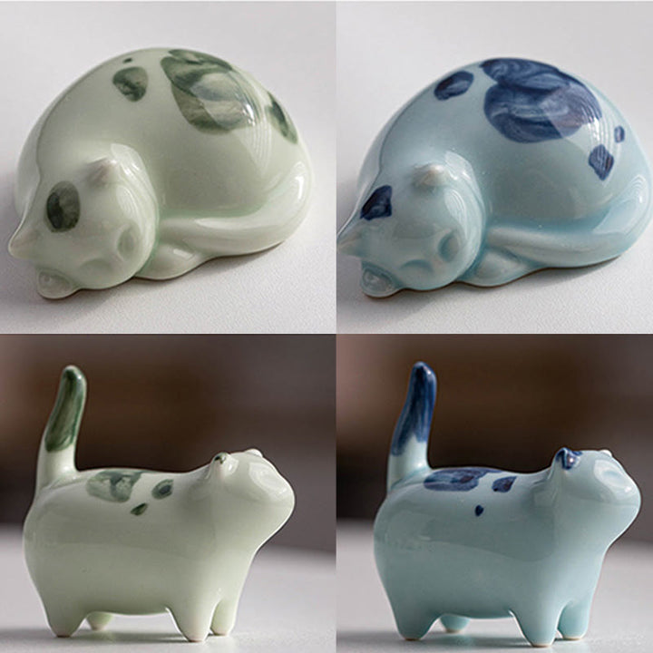 Figurine en céramique représentant un chat endormi, un mini chat tacheté, porte-bonheur , décoration - image 24